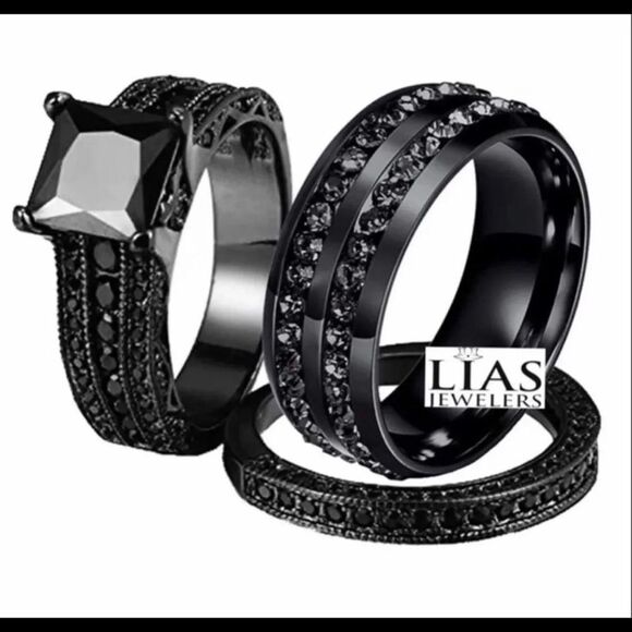 New s925 black gunmetal wedding ring set his hers